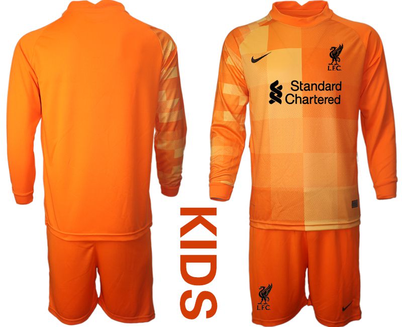 Cheap Youth 2021-2022 Club Liverpool orange red goalkeeper long sleeve blank Soccer Jersey